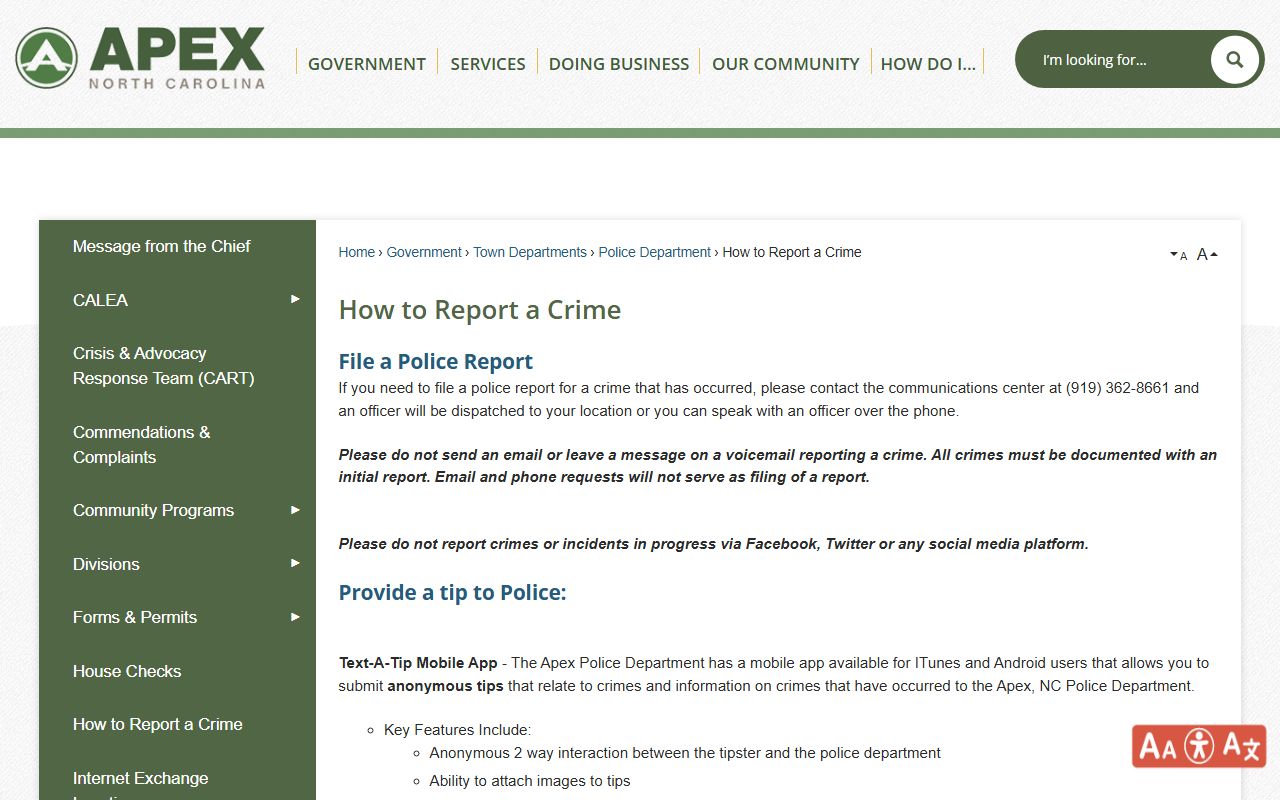 Cary Police Department crime reporting and 72 hour booking access portal