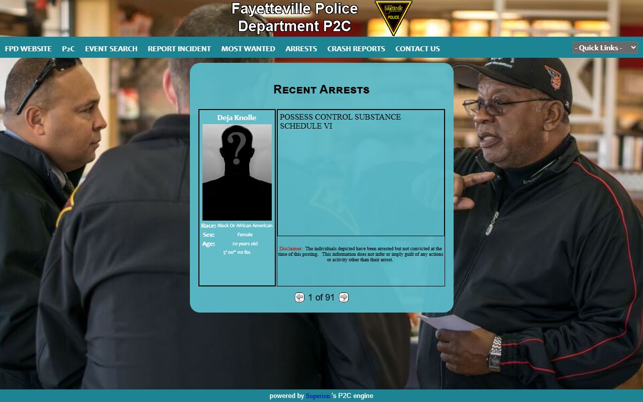 Fayetteville Police Department P2C arrests portal for 72 hour booking records