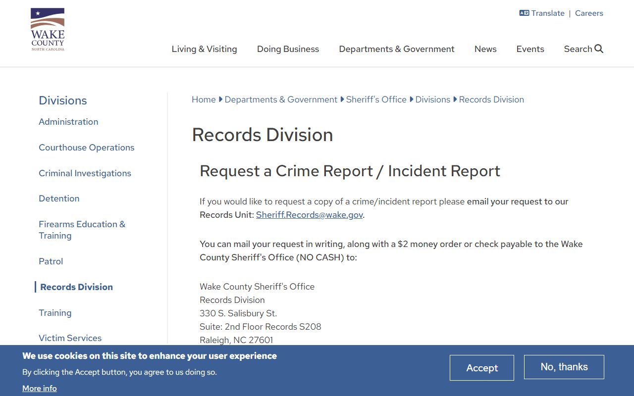 Wake County Sheriff's Office records division for Raleigh booking records