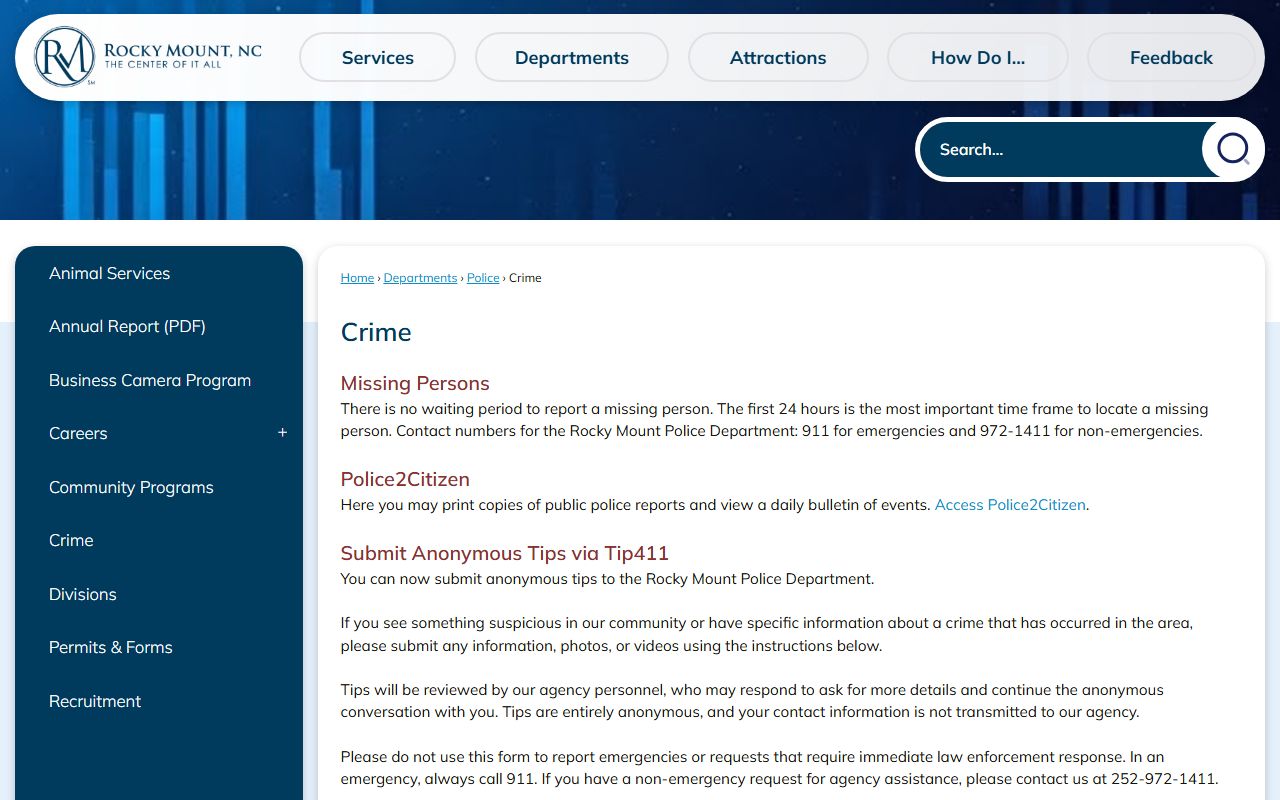 Rocky Mount Police Department crime page for arrest and booking information