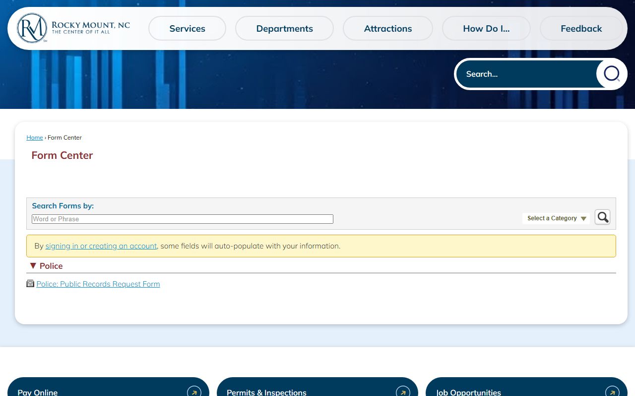 Rocky Mount Police records request form for booking and arrest data