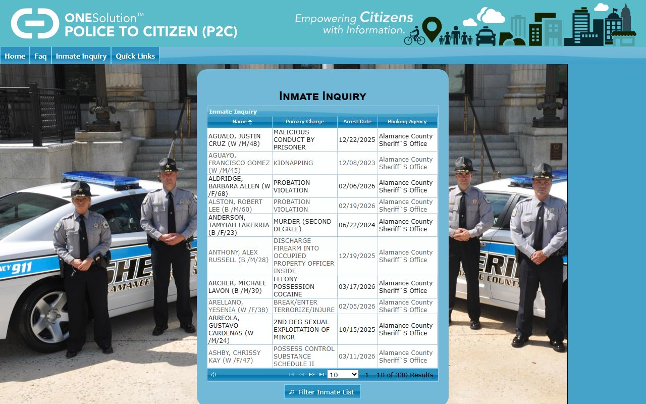 Alamance County 72 hour booking P2C inmate inquiry system