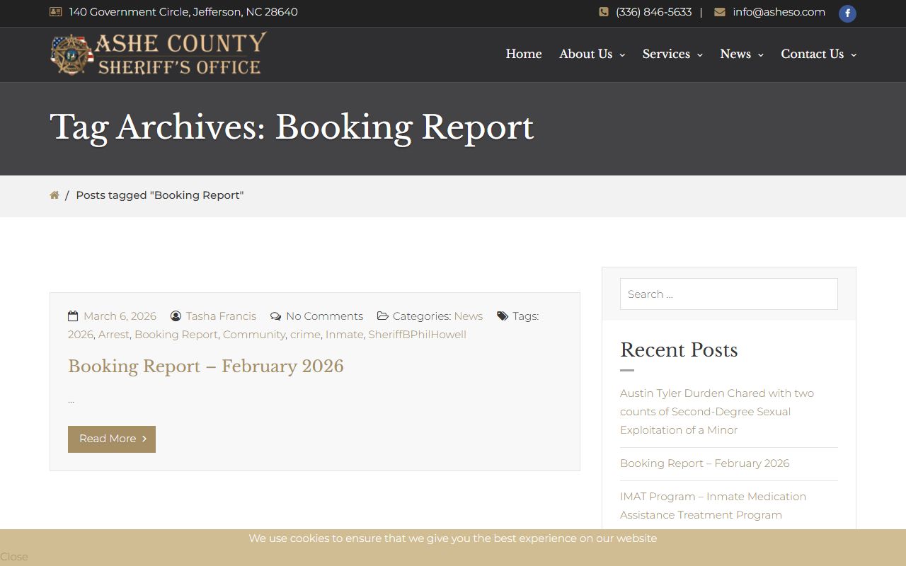 Ashe County 72 hour booking reports page with monthly data