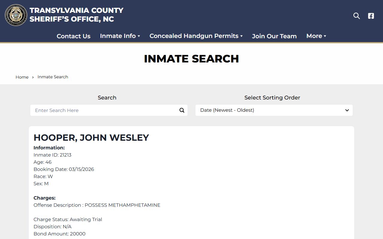 Transylvania County 72 hour booking inmate search portal