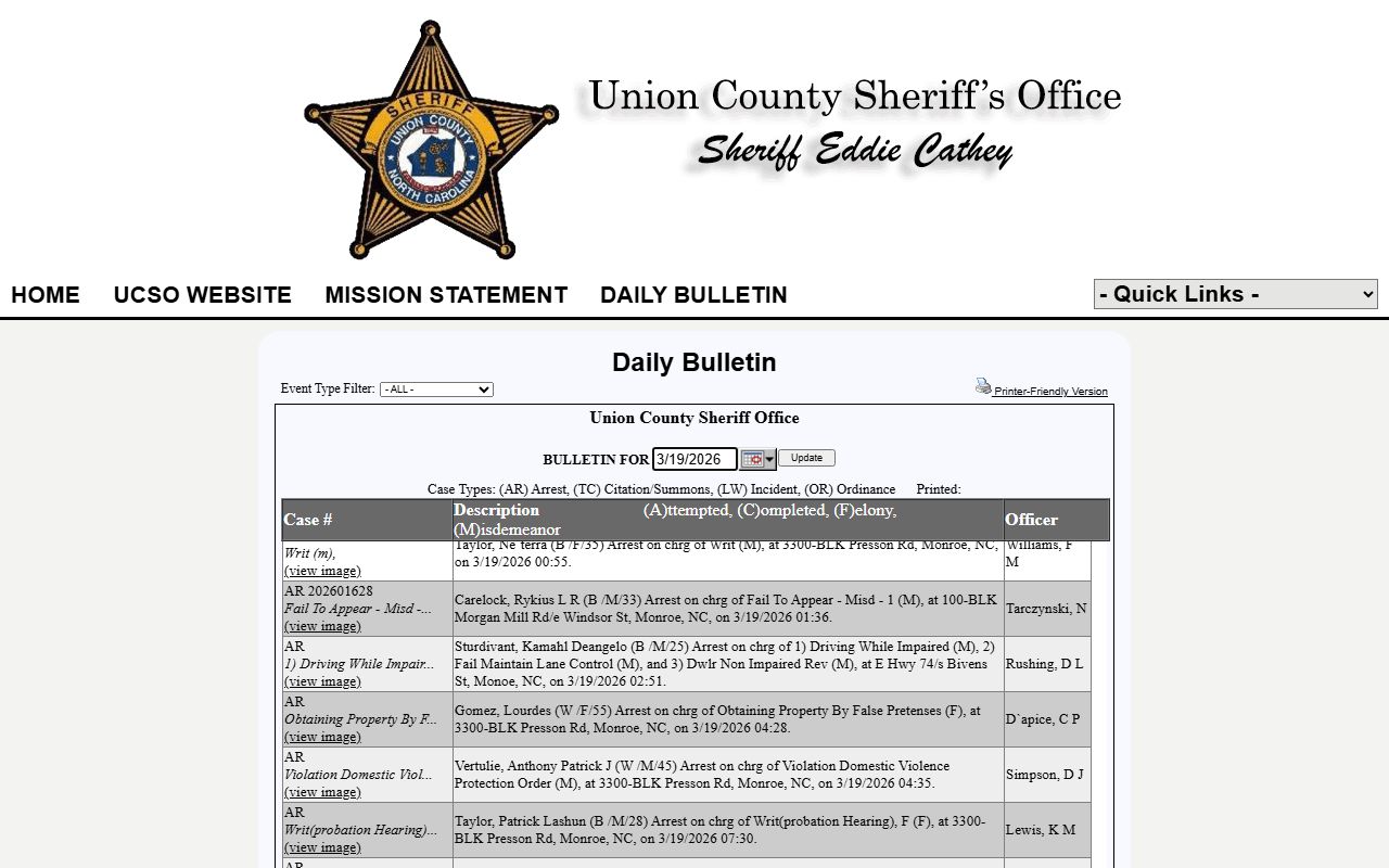 Union County 72 hour booking daily bulletin