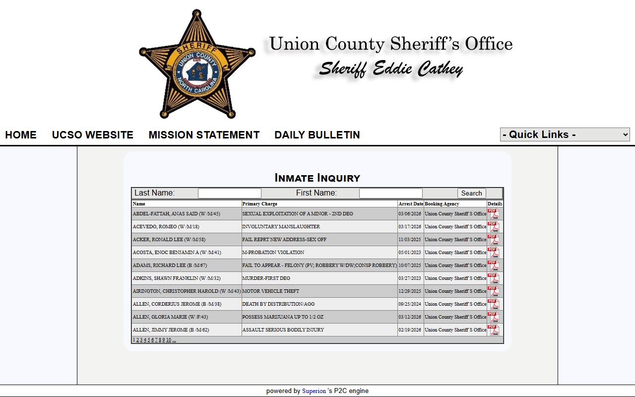 Union County 72 hour booking inmate inquiry page
